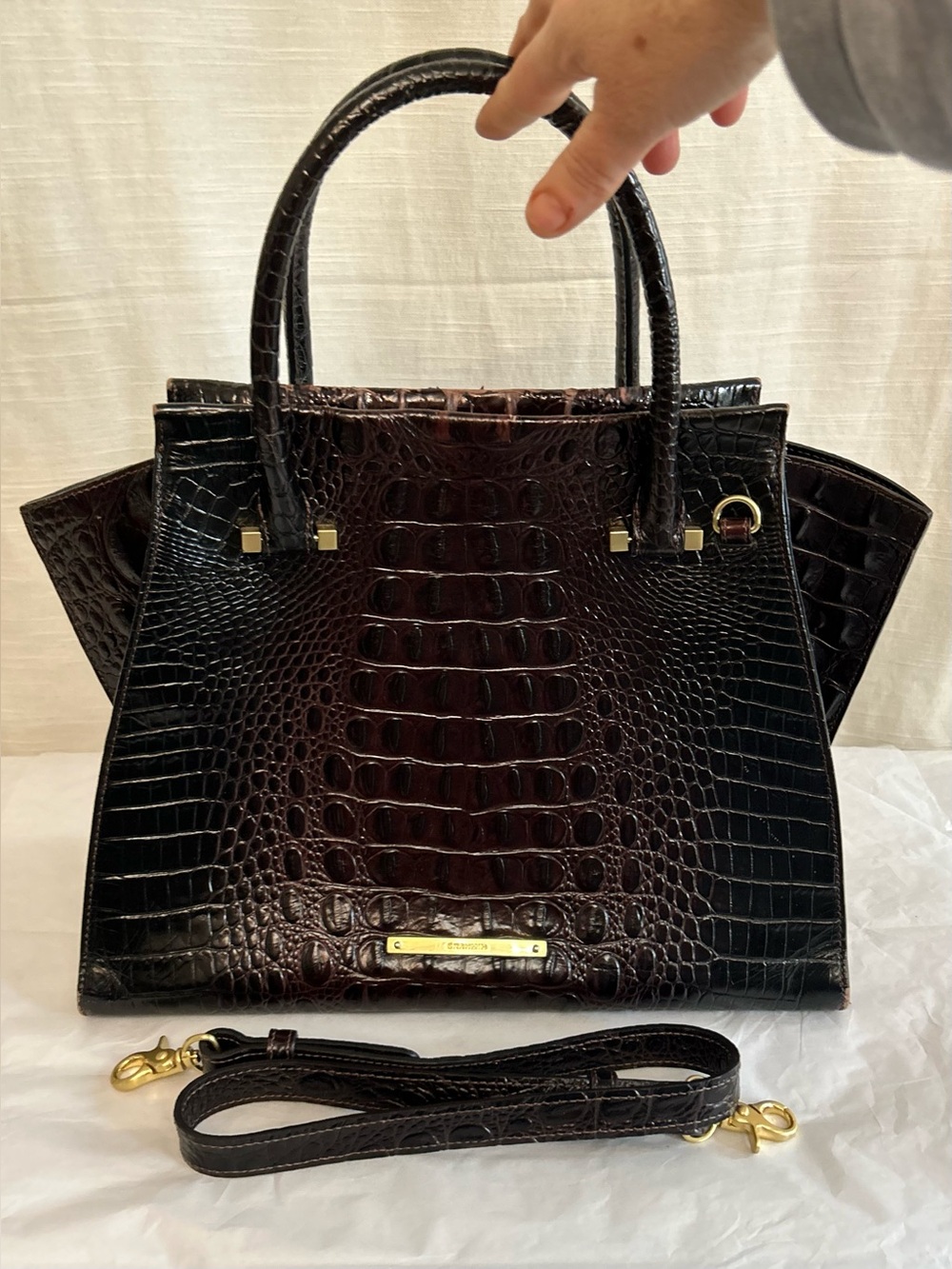 Brahmin Priscilla Classic Dark Brown Croc-Embossed Structured Satchel Handbag - Picture 7 of 16